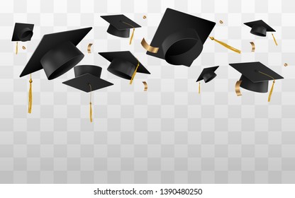 University or college caps fly in the air in a moment of celebration vector illustration isolated on transparent background. Banner template for graduation ceremony.