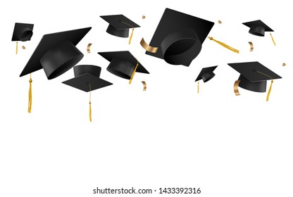 University or college caps fly in the air in a moment of celebration vector illustration isolated on white background. Banner template with hats for graduation ceremony.