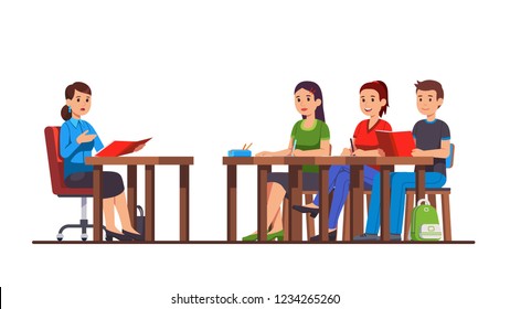 University or college classroom lesson. Teacher conducts a lecture speaking to students group class sitting at school desks studying. Flat style cartoon character vector isolated illustration