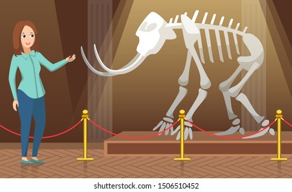 University or college excursion to paleontology museum vector, teacher pointing on mammoth skeleton with tusks talking about history and past. Back to school concept exhibition. Flat cartoon