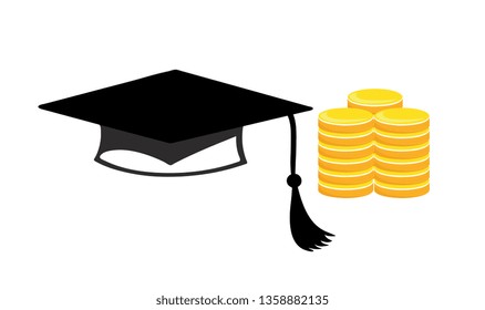 University or college fees, costs or debt- vector image of a mortar board and coins
