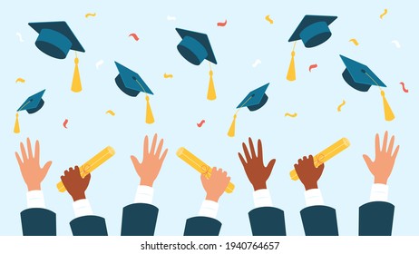University and college graduates hold a diploma scroll, throw up a square academic cap, confetti. Happy graduation concept. Vector stock illustration. 