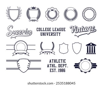 University and college graphic athletic design elements. Collection of vintage element for t-shirt, badges, logo, team emblem and other varsity designs. Set of shield, wreath, inscription. Vector.