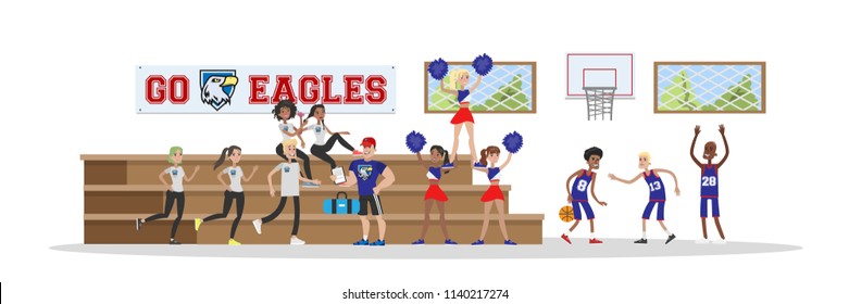 University or college gym hall with students. Cheerleaders and basketball players. Sport trainer. Isolated vector flat illustration