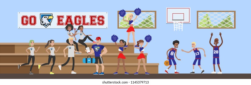 University or college gym hall with students. Cheerleaders and basketball players. Sport trainer. Isolated vector flat illustration