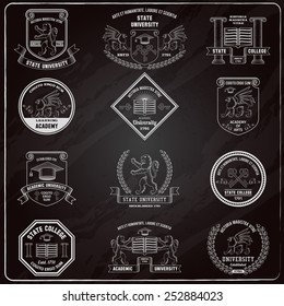 University and college heraldic emblems and labels chalkboard set isolated vector illustration