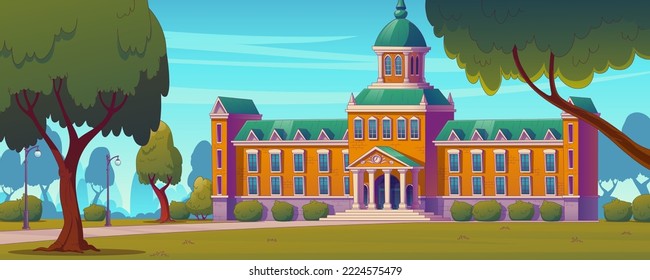 University, college or high school building exterior. Contemporary vector illustration of museum, public library or government construction surrounded by green city park with trees, lawn, street lamps