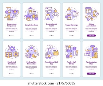University and college problems onboarding mobile app screen set. Walkthrough 5 steps editable graphic instructions with linear concepts. UI, UX, GUI template. Myriad Pro-Bold, Regular fonts used