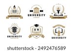 University, college, school or academy classic style logo set Vol 1. Education label, emblem or badge collection. Open book, mortarboard, fountain pen icon.