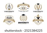 University, college, school or academy classic style logo set Vol 2. Education label, emblem or badge collection. Open book, graduation hat, torch icon.