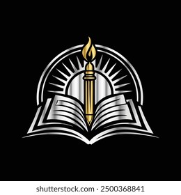 
University, college, school or academy classic style logo.
Feather pen and book logo. Vector illustration on black background.