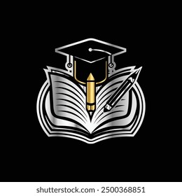 
University, college, school or academy classic style logo.
Feather pen and book logo. Vector illustration on black background.