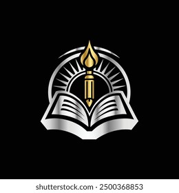 
University, college, school or academy classic style logo.
Feather pen and book logo. Vector illustration on black background.