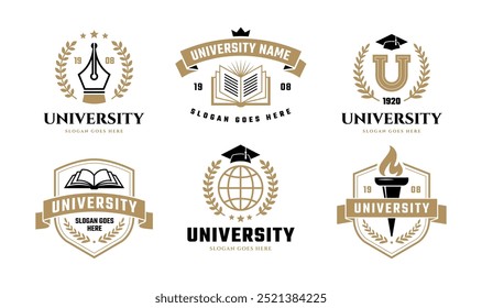 Universidade, faculdade, escola ou academia clássico estilo logotipo conjunto Vol 2. Rótulo educacional, emblema ou coleção de crachás. Livro aberto, chapéu de formatura, ícone da tocha.