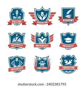 University and college school crests and logo emblems, University and education badges set collection, College Campus logo with banner, people, pen, hat. vector illustration