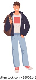 University or college student, guy with backpack, growing up concept isolated male character vector. Boy in hoodie, casual outfit, carrying rucksack. Getting older, youth time, lifetime stage