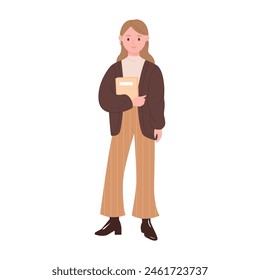 University or college student standing with book to read and study, portrait of cute girl vector illustration