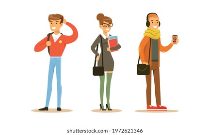 University and College Students in Casual Wear Standing with Books and Bags Vector Set