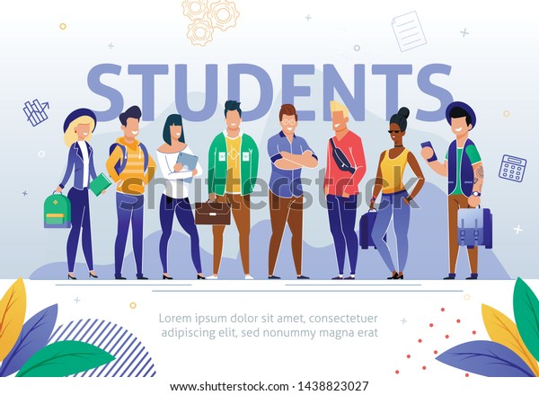 University, College Students Flat Vector Banner Template. Group of