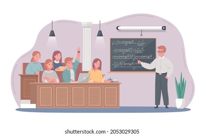 University college students math class activity with professor presenting formules on blackboard background cartoon composition vector illustration 