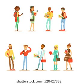 University And College Students Street Fashion Looks Collection With Young Men And Women With Bags And Books