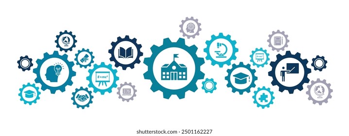 University and College vector illustration. Concept with icons related to higher education, academic course, high school, campus or university study, learning and research, studying