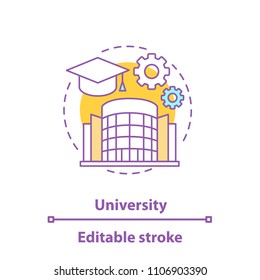 University concept icon. High education idea thin line illustration. Student's graduation hat, cogwheels, college building. Vector isolated outline drawing. Editable stroke