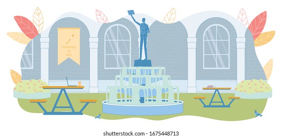 University Corridor with Arche Empty Exterior. Hanging Flag, Monument of Person with Raised Hand and Book on Fountain with Flowing Water. Recreation Place. Literature and Drink on Table