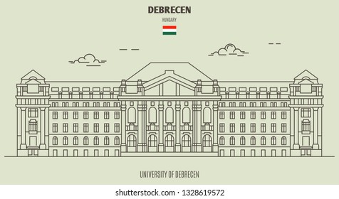 University of Debrecen in Debrecen, Hungary. Landmark icon in linear style
