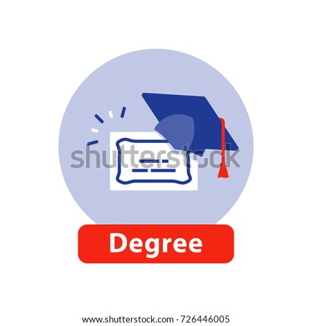 University degree, degree certificate, graduation hat, education concept, business school, training program, vector icon, flat illustration