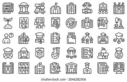 University Department Icons Set Outline Vector. Student Campus. Learner Examination