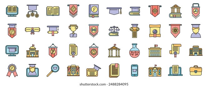 University department icons set outline vector. Student campus. Learner school thin line color flat on white