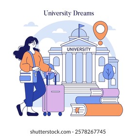 University Dreams concept. An aspiring student with luggage ready to embark on their academic journey at a grand university. Goals, education, future aspirations. Vector illustration.