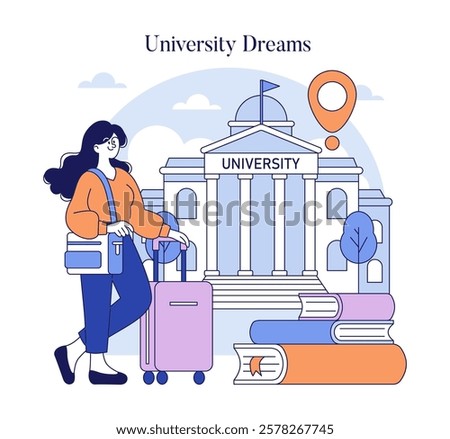 University Dreams concept. An aspiring student with luggage ready to embark on their academic journey at a grand university. Goals, education, future aspirations. Vector illustration.