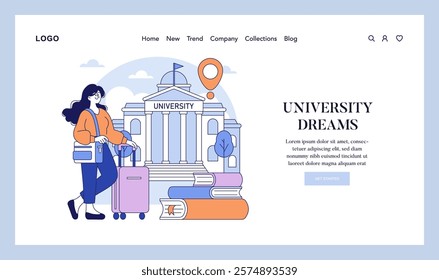 University Dreams concept. A young student arrives at campus with luggage, ready to start her higher education journey. Aspiration meets academic aspiration in this scene. Vector illustration.