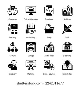 University, Ebook, Literature Exchange, Library, Distance Learning, Homework, Back To School, Test, Sharing Idea, Study Programme, Mathematics, Biology, Find House, Glyph Icons - Solid, Vectors