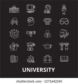 University editable line icons vector set on black background. University white outline illustrations, signs, symbols