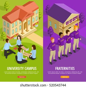 University education 2 vertical isometric colorful background banners with student campus life and fraternities isolated vector illustration