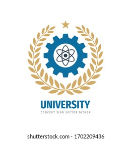 University education concept logo template. Technical high school sign. Academic graduation emblem. Laurel wreath, gear and atom symbol. Vector illustration. 