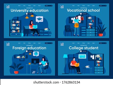 University education flat landing pages set. Distance learning, professional courses scenes for website or CMS web page. College student, vocational school, foreign education vector illustration.
