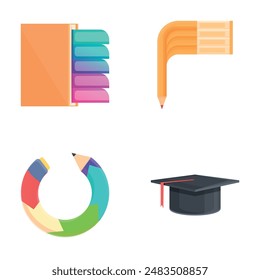 University education icons set cartoon vector. Stationery and graduate cap. Learning, training