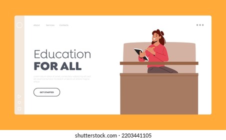 University Education Landing Page Template. Young Woman Sitting at Desk with Notepad in University Hall Making Notes and Pass Examination. Student Girl Character Learning. Cartoon Vector Illustration