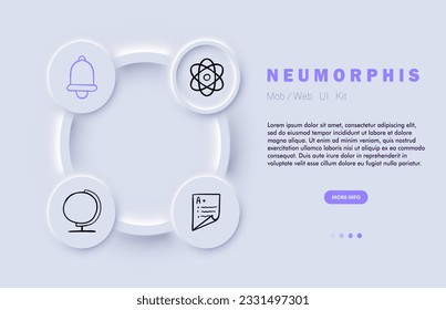 University education line icon. Bell, atom sign, highest score, globe, Neomorphism steyle. Vector line icon