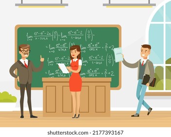 University Education with Professor Near Chalkboard and Students Vector Illustration