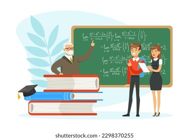 University Education with Professor Near Chalkboard and Students Vector Illustration