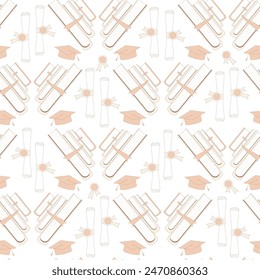 University education seamless pattern. Diploma, graduation caps and books. Learning endless background. Knowledge repeat cover. Vector hand drawn illustration.
