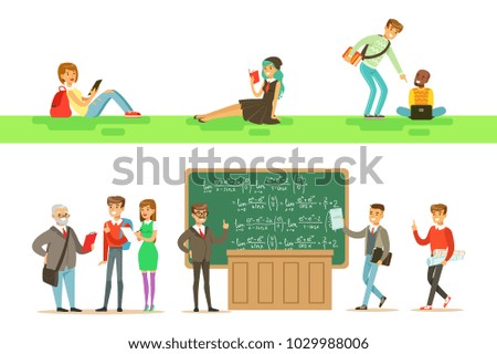 University Education, Students And Professors Set Of Illustrations