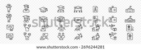 University education and study abroad outline icon set – graduation, diploma, student ID, certificate, campus, passport, visa, and international study symbols, academic achievement outline icon set