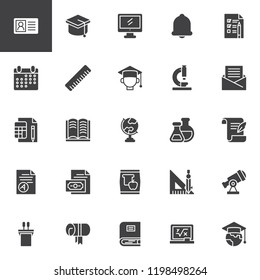 University education vector icons set modern solid symbol collection filled style pictogram pack. Signs logo illustration. Set includes icons as Student ID card, Graduate cap, Computer, Diploma scroll