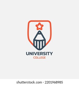 University emblem logo with brick and pencil ornament.